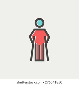 Injured man with crutches icon thin line for web and mobile, modern minimalistic flat design. Vector icon with dark grey outline and offset colour on light grey background.