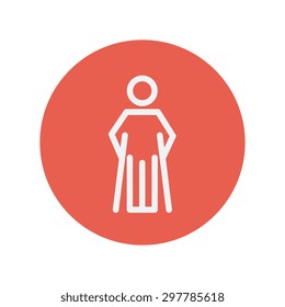 Injured man with crutches thin line icon for web and mobile minimalistic flat design. Vector white icon inside the red circle