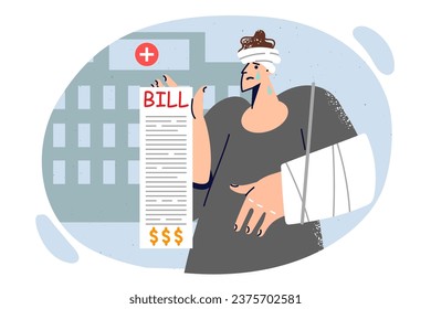 Injured man shows bills for treatment standing outside hospital and is sad about lack of insurance. Guy with bandages on arm and head cries after insurance claim on bill from clinic was refused.