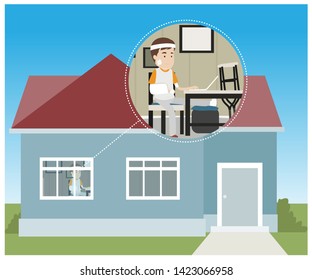 injured man staying inside his house vector character illustration