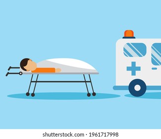 Injured man is waiting on a stretcher into ambulance vehicle. Cartoon vector style for your design.