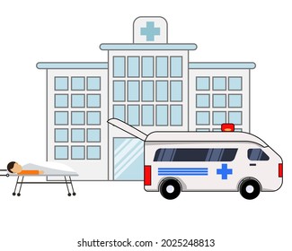 Injured man is waiting on a stretcher into ambulance vehicle. Cartoon vector style for your design.	