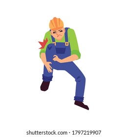 Injured mechanic or construction worker character with broken leg, flat vector illustration isolated on white background. Workplace accident and safety regulations.