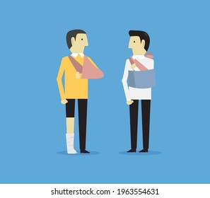 A Injured men with plaster cast on leg and arm. Vector design