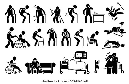 Injured Old Man With Body Ache And Joint Pain. Vector Illustrations Of Elderly Men With Injury Using Wheelchair, Bandage Plaster Cast For Broken Bone. People On Ventilator Respirator At ICU Hospital.