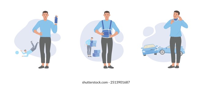 Injured patient from accident illustrate with supporting equipment to the broken body after orthopedics. Cartoon character style and flat design illustration.