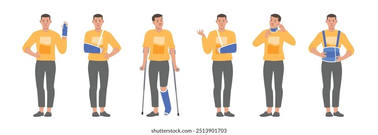 Verletzter Patient aus Unfall veranschaulichen mit unterstützenden Geräten auf den gebrochenen Körper nach der Orthopädie. Cartoon-Charakter-Stil und flache Design-Illustration.