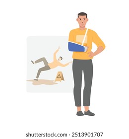 Injured patient from accident illustrate with supporting equipment to the broken body after orthopedics. Cartoon character style and flat design illustration.