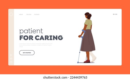 Injured Patient Landing Page Template. Woman with Leg Fracture Walk on Crutches Rear View. Female Character with Broken Bandaged Foot in Traumatology Hospital. Cartoon People Vector Illustration