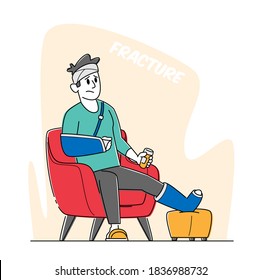 Injured Patient Male Character with Bounded Leg, Head and Arm Holding Bottle with Pills Sit in Armchair at Home or Hospital Traumatology Department Chamber after Accident. Linear Vector Illustration