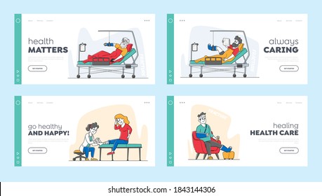 Injured Patients and Doctor Landing Page Template Set. Characters with Fracture Lying on Bed with Bounded Head, Broken Arm and Leg, Medical Department in Hospital. Linear People Vector Illustration