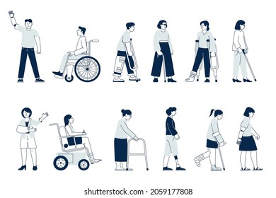 Injured people. Bandaged girl, person in wheelchair. Inclusion, handicap patients. Isolated girl boy with different injuries recent vector set