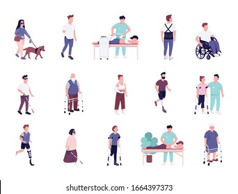 Injured people with disability activities flat color vector faceless characters set. Man and women with physical traumas rehabilitation isolated cartoon illustrations on white background