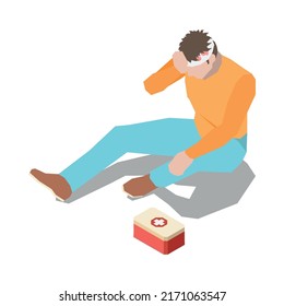 Injured people first aid isometric composition with isolated human character of injured person vector illustration