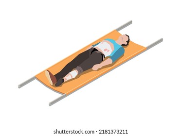 Injured people first aid isometric composition with isolated human character of injured person vector illustration