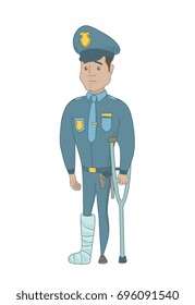 Injured policeman with broken leg on crutches. Full length of young hispanic policeman with broken leg in bandages. Vector sketch cartoon illustration isolated on white background.