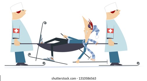 Injured skier and two physicians with a stretcher illustration. Two physicians carry injured skier in a stretcher isolated on white illustration
