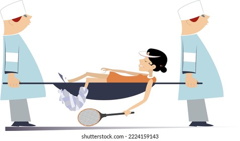 Injured tennis player woman, two physicians with a stretcher. 
Two physicians carry injured tennis player woman with bandage on the leg in a stretcher. Isolated on white background
