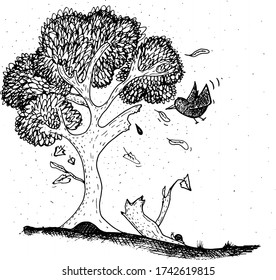 injured treee with animals and leaves