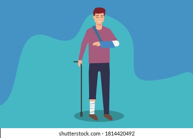 Injured vector concept: Injured man with broken arm and leg walking against blue background