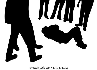 Injured victim man lying down and group of curious people standing around him