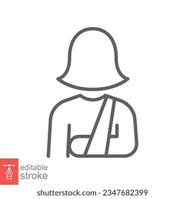 Injured woman in bandage icon. Simple outline style. Broken arm, patient, female, wound, medical concept. Thin line symbol. Vector illustration isolated on white background. Editable stroke EPS 10.