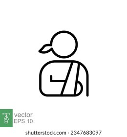 Injured woman in bandage icon. Simple outline style. Broken arm, patient, injury, person, female, wound, medical concept. Thin line symbol. Vector illustration isolated on white background. EPS 10.