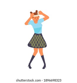 Injured woman with bandaged head standing. Disabled character with headache. Flat Art Vector Illustration