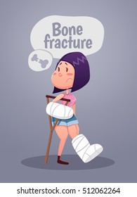 An injured woman with leg and arm in plaster using crutches. Flat design vector illustration.