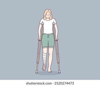 Mulher ferida com perna engessada usando muletas. Ilustrações de design de vetor de estilo desenhado à mão.