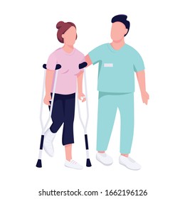 Injured woman on crutches and doctor flat color vector faceless character. Female patient with physical trauma recovery isolated cartoon illustration for web graphic design and animation