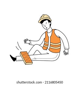 Injured worker crushed leg by block.. Line drawn doodle style character. Man with builder uniform and helmet. Industry work risk and health safety concept. Vector illustration.