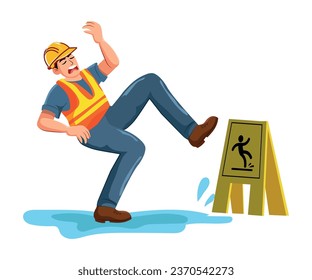 Injured worker fall accident on ladder. Man with builder uniform and helmet. Industry work risk and health safety concept. Vector illustration.