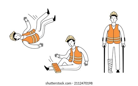 Injured worker fall accident set. Line drawn doodle style character. Man with builder uniform and helmet. Industry work risk and health safety concept. Vector illustration.