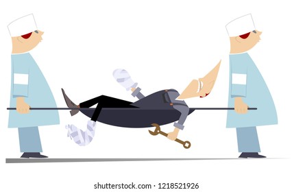 Injured worker and two physicians with stretcher illustratio. Two physicians carry injured worker with bandage on leg and arm, in a stretcher isolated on white illustration
