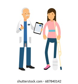 Injured young brunette woman with leg in a plaster talking to a doctor colorful vector Illustration