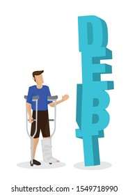 Injured Young Man With A Giant Debt. Concept Of Medical Bill Or In Debt. Flat Isolated Vector Illustration