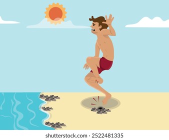 Injuries caused by Sea urchin, Black Echinoidea or sharp stones. Child hurts his foot on the beach. vector illustration.