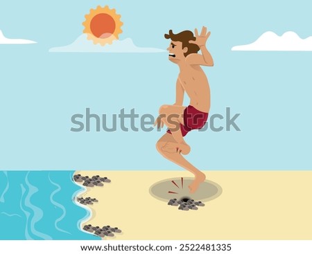 Injuries caused by Sea urchin, Black Echinoidea or sharp stones. Child hurts his foot on the beach. vector illustration.