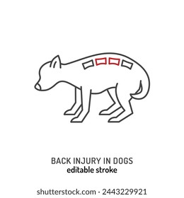 Injuries in dogs. Back trauma icon, pictogram, symbol. Limb affliction. Spinal trauma. Painful disease. Veterinarian concept. Editable isolated vector illustration in outline style on white background