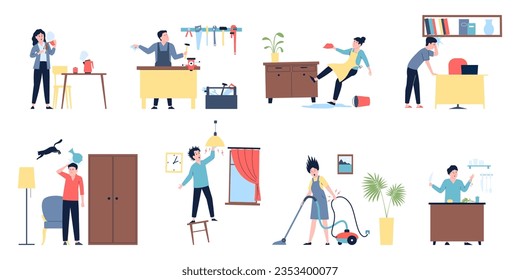 Injuries at home. Household accident, burns and electric shock. Adults doing house work and has problems. Healthcare, attention recent vector scenes