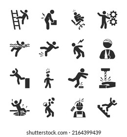 Injuries at work icons set. Warning. Accident, fall and impact. Monochrome black and white icon.