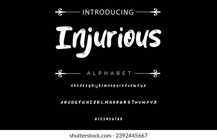 Injurious font modern bouncy typeset, lively friendly alphabet. Playful cheerful letters in Los Muertos Mexican style for menus, labels, signage, ads, crafts and comic book. Vector typographic design