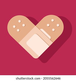 Injury broken heart shape symbol, made of tape adhesive plaster bandage for web banner. Medical healthcare protection, aftercare and covid vaccination for organisations and websites articles concept. 