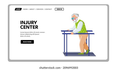 Injury Center Helpful Therapy For Old Man Vector. Elderly Senior Exercising On Injury Center Rehabilitation Equipment. Character Recovery Training Exercise Web Flat Cartoon Illustration