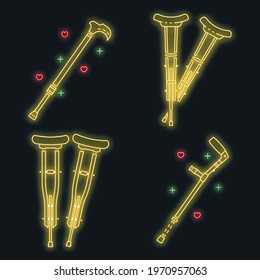 Injury crutches icon set. Outline set of injury crutches vector icons neon color on black