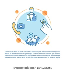 Injury first aid concept icon with text. Bone and cartilage fracture treatment recommendations PPT page vector template. Brochure, magazine, booklet design element with linear illustrations