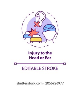 Injury To Head And Ear Concept Icon. Acquired Hearing Loss Cause Idea Thin Line Illustration. Traumatic Brain Injuries. Conductive Deafness. Vector Isolated Outline RGB Color Drawing. Editable Stroke