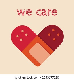 Injury heart shape symbol, made of tape adhesive plaster bandage with phrase We care. Medical healthcare protection, aftercare and covid vaccination for organisations and websites articles concept.