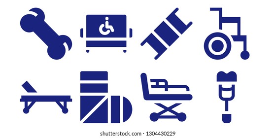 injury icon set. 8 filled injury icons.  Simple modern icons about  - Stretcher, Bone, Sling, Disabled, Crutch, Wheelchair